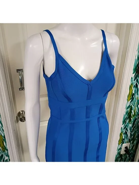 Maketina Mermaid Dress Women's M Blue Spaghetti Strap V-Neck Midi Cocktail Banda - Picture 5 of 9